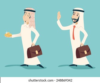 Retro Vintage Arab Businessman with Gold Greeting Business Proposal  Cartoon Characters Set Icon on Stylish Background Design Vector Illustration