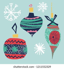 Retro vintage art beautiful artistic Scandinavian graphic lovely winter holiday new year collage pattern Christmas tree toys vector hand illustration. Perfect for cards, textile, wallpaper, background