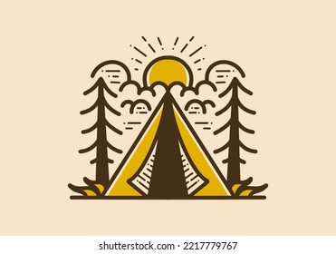 Retro vintage art illustration of a triangular tent and pine tree