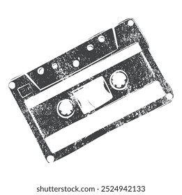 Retro vintage audio cassette from the 80s. Grunge style. Vector monochrome isolated image.