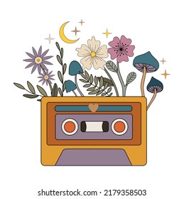 Retro vintage audio cassette with magnetic tape - hand drawn vector cassette in 90s, 80s, 70s style.