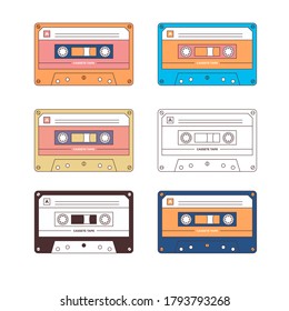 retro vintage audio cassette tape vector icon set color and outline