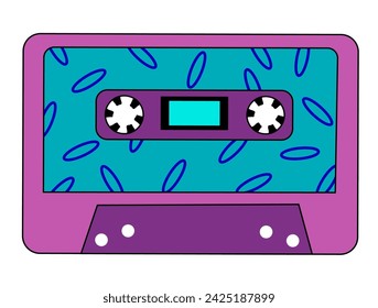 Retro vintage audio music cassette with magnetic tape. Purple and blue colors. Abstract design in 90s, 80s, 70s style. Vector flat illustration.