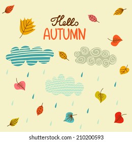 Retro, vintage autumn background with clouds, drops and leaves. 