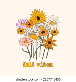 Retro vintage Autumn card in 70s-80s style with quote. Dodle vector illustration.