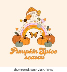 Retro vintage Autumn card in 70s-80s style with quote. Dodle vector illustration.