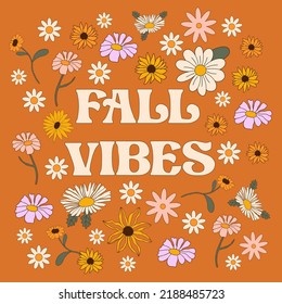 Retro vintage Autumn card in 70s-80s style with quote. Doodle vector illustration.