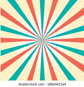 Retro vintage background. Beige banner with blue and red stripes on it. Sun rays circus vector pattern. Sunshine trendy glowing poster. Paper wrap design concept. 