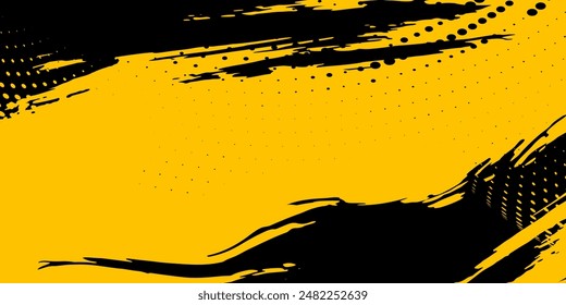 Retro vintage background with halftone overlay and grunge frame. Yellow and black banner with grunge smears.
