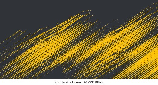 Fondo vintage retro con superposición de semitono y marco grunge. Anuncio amarillo y negro con frotis grunge.