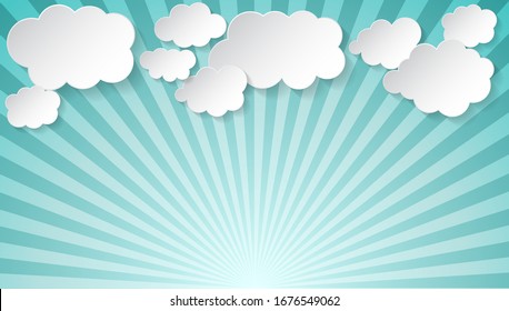 Retro vintage background. Sun beam ray background with white cloud. Sunlight wallpaper. Circus placard. Vector illustration.