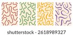 retro vintage background twisted lines, fluid, curved, wiggling stripes and waves set. Colorful funky chaotic Liquid ornaments, groovy hippie pattern set. Vector illustration