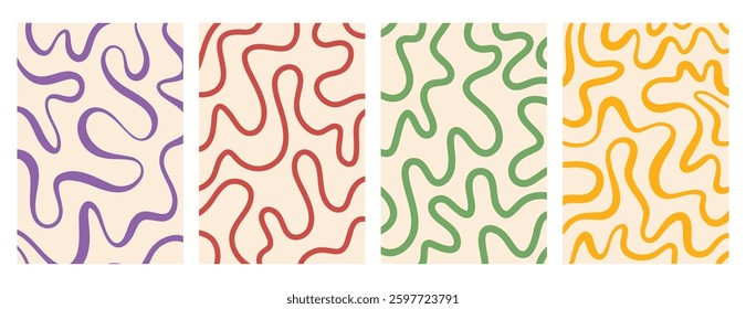 retro vintage background twisted lines, fluid, curved, wiggling stripes and waves set. Colorful funky chaotic Liquid ornaments, groovy hippie pattern set. Vector illustration