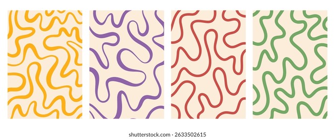 retro vintage hintergrund verdrillt linien, fluid, gebogen, wackelnden streifen und wellen gesetzt. Farbenfrohe funky chaotische Liquid Ornamente, groovige Hippie-Muster-Set. Vektorgrafik