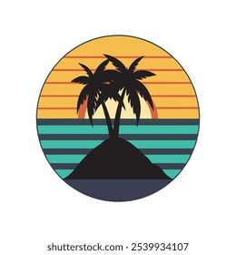 Retro vintage background vector illustration featuring a silhouette of mountain landscapes with coconut trees. Perfect for tropical, retro-themed designs and backgrounds, capturing a nostalgic, minima