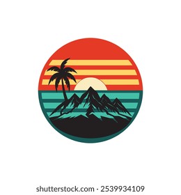 Retro vintage background vector illustration featuring a silhouette of mountain landscapes with coconut trees. Perfect for tropical, retro-themed designs and backgrounds, capturing a nostalgic, minima