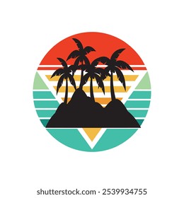 Retro vintage background vector illustration featuring a silhouette of mountain landscapes with coconut trees. Perfect for tropical, retro-themed designs and backgrounds, capturing a nostalgic, minima