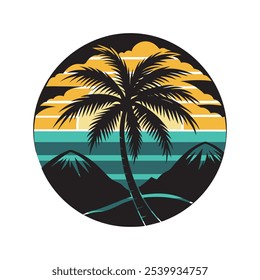 Retro vintage background vector illustration featuring a silhouette of mountain landscapes with coconut trees. Perfect for tropical, retro-themed designs and backgrounds, capturing a nostalgic, minima