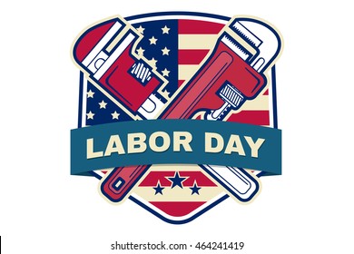 Retro vintage badge or label. Labor day badge emblem with illustrated wrenches and American flag. Vector illustration. Labor day design.