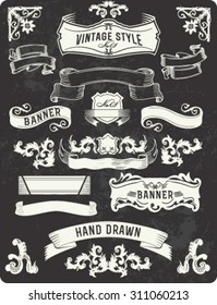 Retro vintage banner and ribbon set. Vector illustration .