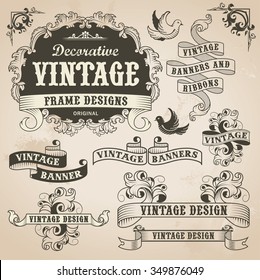 Retro Vintage Banner And Ribbon Set. Vector Illustration Design Elements With Textured Background