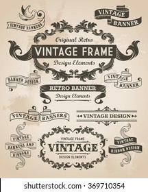 Retro Vintage Banner And Ribbon Set. Vector Illustration Design Elements With Textured Background.