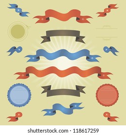 Retro Vintage Banners, Ribbons And Flags/ Illustration of a set of various elegant red and blue retro vintage banners, ribbons, flags, seals, certificates, badges and ornaments for graphic design