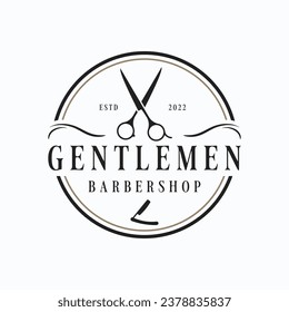 Retro vintage barbershop haircut and shave logo with haircut equipment design. Logo for business, emblem, label, barber and badge.