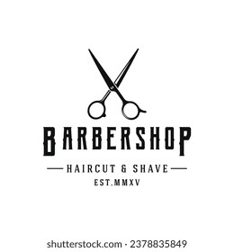 Retro vintage barbershop haircut and shave logo with haircut equipment design. Logo for business, emblem, label, barber and badge.