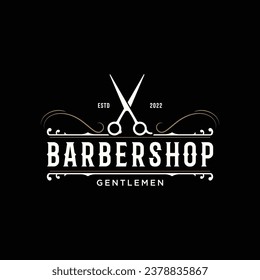Retro vintage barbershop haircut and shave logo with haircut equipment design. Logo for business, emblem, label, barber and badge.