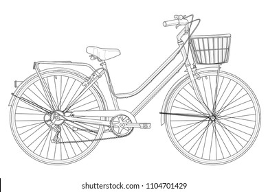 Retro vintage bicycle with basket with outlines. Vector illustration in black and white. Coloring paper, page, book