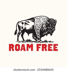 Retro Vintage Bison Roam Free Vector Illustration	