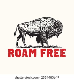 Retro Vintage Bison Roam Free Vector Illustration	