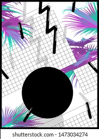 Retro - vintage black and white geometric design elements and bright pastel tropical palm tree, clean 80s - 90s style nostalgic feelings