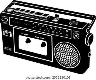 Retro Antiguas Boombox, grabadora de cassette. Radio de la vieja escuela de los años 80, Ilustración vectorial de iconos en blanco y negro
