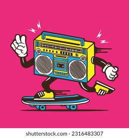 Retro Vintage Boombox Music Player Skater Mascot Vector Character Design