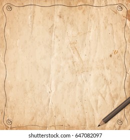 Retro vintage border with pencil on old paper background. Vector illustration