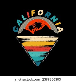 Retro vintage California sunrise and sunset logo badge on black background graphics for t-shirts and other print production. Vector illustration for design. 70s-style concept.