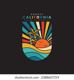 Retro vintage California sunset beach logo badges on black background graphics for t-shirts and other print production. 70s-style concept. Vector illustration for design.