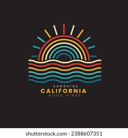 Retro vintage California sunset beach logo badges on black background graphics for t-shirts and other print production. 70s-style concept. Line art. Vector illustration for design.