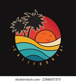 Retro vintage California sunset beach logo badges on black background graphics for t-shirts and other print production. Vector illustration for design. 70s-style concept. 