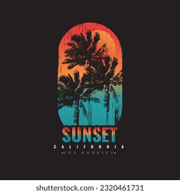 Retro vintage California sunset logo badges on black background graphics for t-shirts and other print production. Vector illustration for design. Summer beach concept. 