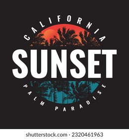 Retro vintage California sunset logo badges on black background graphics for t-shirts and other print production. Summer beach concept. Vector illustration for design.  