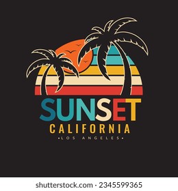 Retro vintage California sunset logo badges on black background graphics for t-shirts and other print production. Vector illustration for design. 70s-style concept.