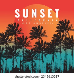 Retro vintage California sunset logo badges graphics for t-shirts and other print production. Vector illustration for design. Summer beach concept.