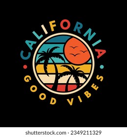 Retro vintage California sunset logo badges on black background graphics for t-shirts and other print production. Vector illustration for design. 70s-style concept. Good vibes.