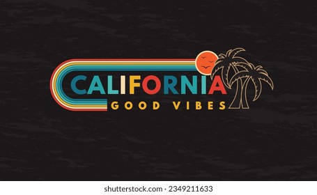 Insignias del logo de la marca Retro vintage California sunset en los gráficos de fondo negro para camisetas y otras producciones de impresión. Ilustración vectorial para el diseño. concepto de los años 70. Buenas vibraciones.