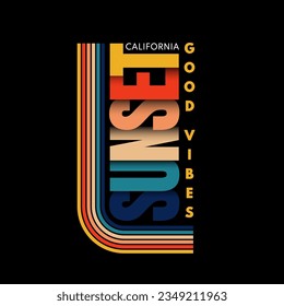 Insignias del logo de la marca Retro vintage California sunset en los gráficos de fondo negro para camisetas y otras producciones de impresión. Ilustración vectorial para el diseño. concepto de los años 70. Buenas vibraciones.