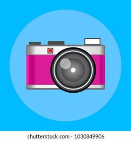 Retro  or vintage camera in a flat style on a colored background. Old camera with strap. Isolated antique camera. Pink camera on blue background.