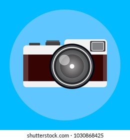 Retro or vintage camera in a flat style on a colored background. Old camera with strap. Isolated antique camera. Hung retro camera.